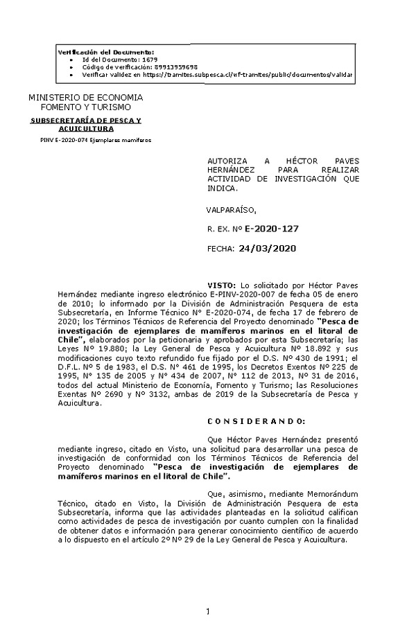 R. EX. Nº E-2020-127 Pesca de investigación de ejemplares de mamíferos marinos en el litoral de Chile. (Publicado en Página Web 25-03-2020)