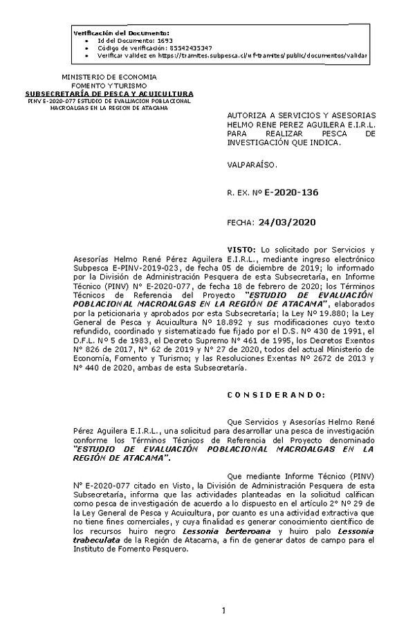 R. EX. Nº E-2020-136 Evaluación Poblacional Macroalgas, Región de Atacama. (Publicado en Página Web 25-03-2020)