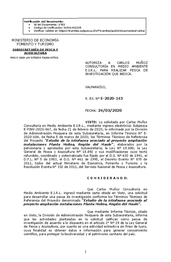 R. EX. Nº E-2020-145 Estudio de la ictiofauna asociado al proyecto ampliación instalaciones Planta Molina, Región del Maule. (Publicado en Página Web 25-03-2020)