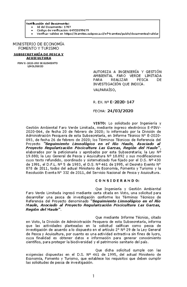 R. EX. Nº E-2020-147 Seguimiento Limnológico en el Río Maule, Asociado al Proyecto Regularización Piscicultura Las Garzas, Región del Maule. (Publicado en Página Web 25-03-2020)