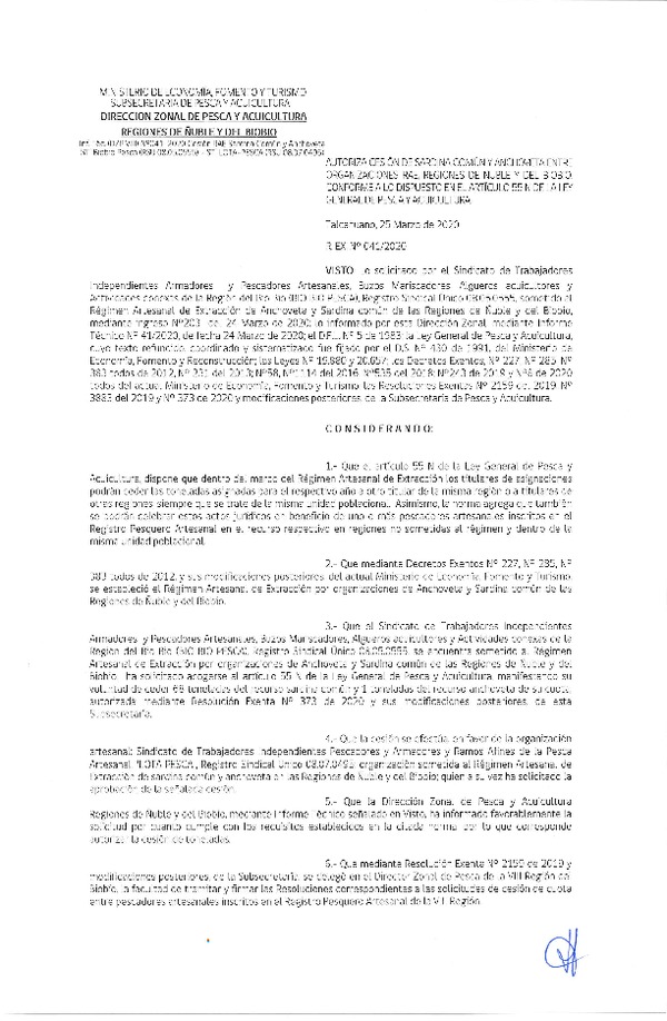 Res Ex N° 0041-2020, (DZP VIII), Autoriza cesión Sardina Común y Anchoveta Región de Ñuble-Biobío (Publicado en Página Web 25-03-2020)
