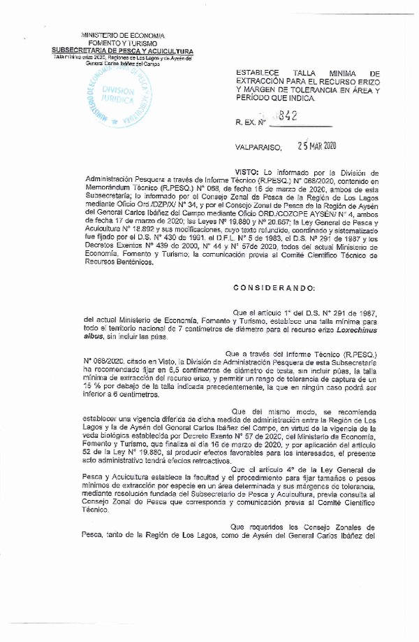 Res. Ex. N° 842-2020 Establece Talla Mínima de Extracción para el Recurso Erizo y Margen de Tolerancia en Regiones de Los Lagos y de Aysén. (Publicado en Página Web 25-03-2020)