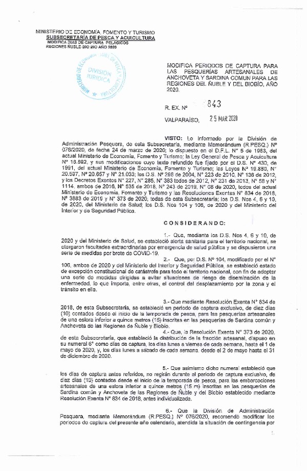 REs. Ex. N° 843-2020 Modifica Modifica Período de Captura Para las Pesquerías de Anchoveta y Sardina Común en las Regiones del Ñuble y del Biobío, año 2020. (Publicado en Página Web 25-03-2020)