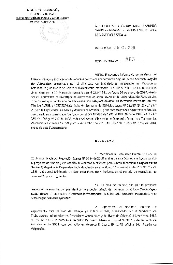 Res. Ex. Nª 863-2020 Modifica Resolución que Indica. Aprueba 2º Seguimiento. (Publicado en Página Web 26-03-2020)