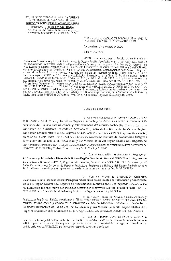 Res. Ex. N° 42-2020 Deja sin efecto Res Ex N° 0025-2020, (DZP VIII), Autoriza cesión Sardina Común y Anchoveta Región de Ñuble-Biobío (Publicado en Página Web 27-03-2020)