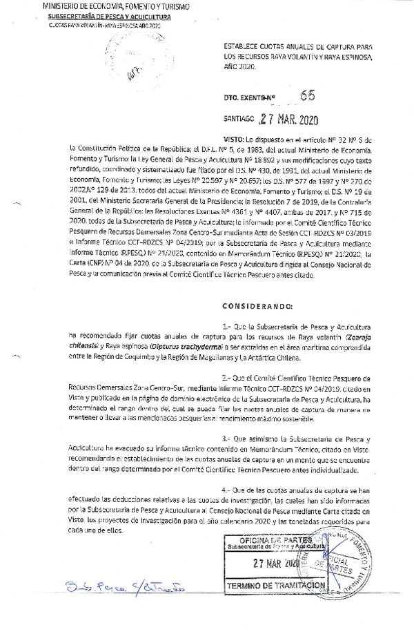 Dec. Ex. N° 65-2020 Establece Cuotas Anuales de Captura para los Recursos Raya Volantín y Raya Espinosa Año 2020, Entre la Región de Coquimbo y de Magallanes. (Publicado en Página Web 30-03-2020) (F.D.O. 15-04-2020)