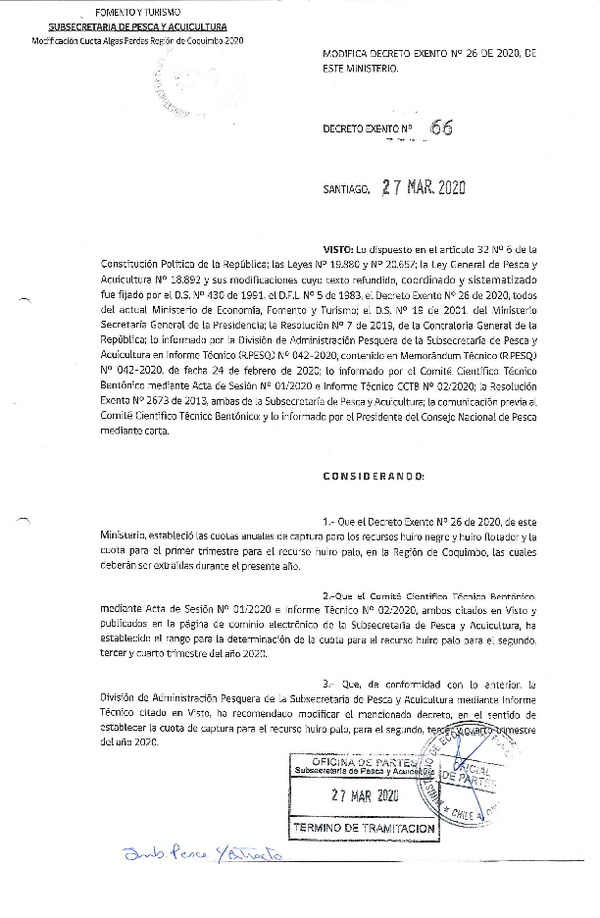 Dec. Ex. N° 66-2020 Modifica Dec. Ex. N° 26-2020, Establece cuota de captura para los recursos Huiro Negro, Huiro Palo y Huiro Flotador, en región de Coquimbo, año 2020. (Publicado en Página Web 30-03-2020) (F.D.O. 15-04-2020)