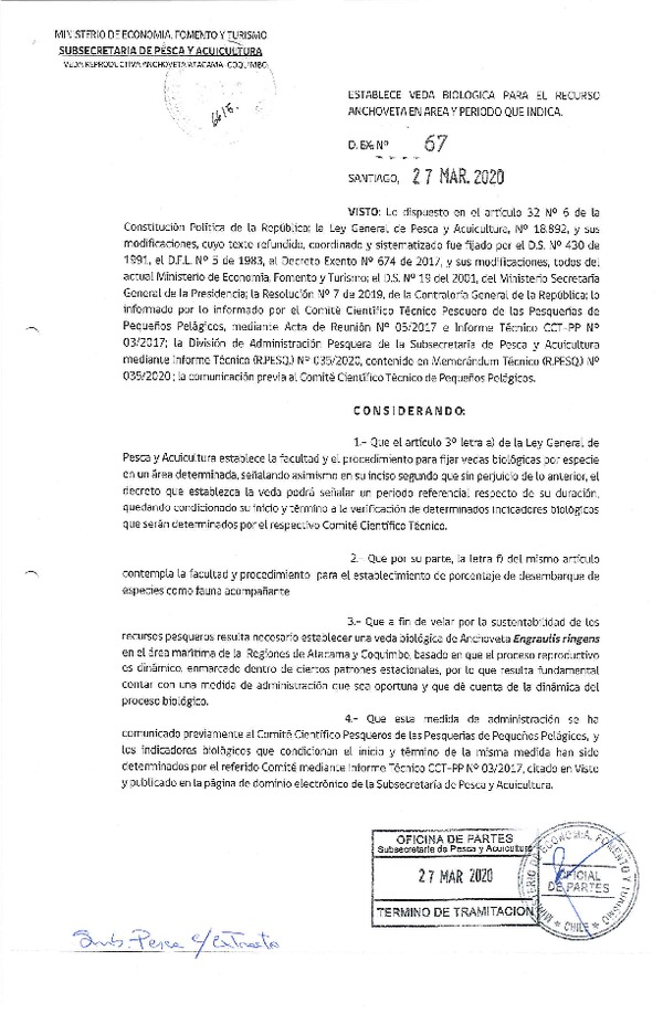 Dec. Ex. N° 67-2020 Establece Veda Biológica para el Recurso Anchoveta, Regiones de Atacama y Coquimbo. (Publicado en Página Web 30-03-2020) (F.D.O. 15-04-2020)