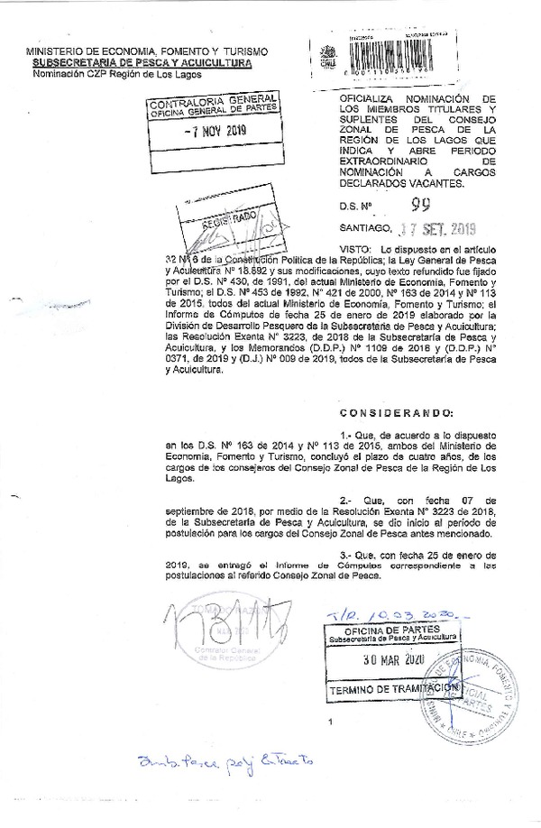 D.S. 99-2019 Oficializa Nominación de los Miembros Titulares y Suplentes del Consejo Zonal de Pesca de la Región de Los Lagos y Abre Período Extraordinario de Nominación a Cargos Declarados Vacantes. (Publicado en Página Web 30-03-2020)