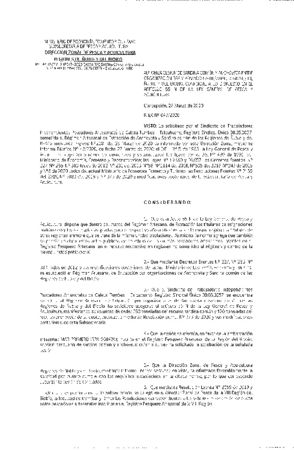 Res Ex N° 0043-2020, (DZP VIII), Autoriza cesión Sardina Común y Anchoveta Región de Ñuble-Biobío (Publicado en Página Web 30-03-2020)