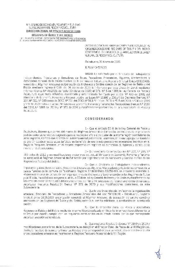 Res Ex N° 0045-2020, (DZP VIII), Autoriza cesión Sardina Común y Anchoveta Región de Ñuble-Biobío (Publicado en Página Web 31-03-2020)