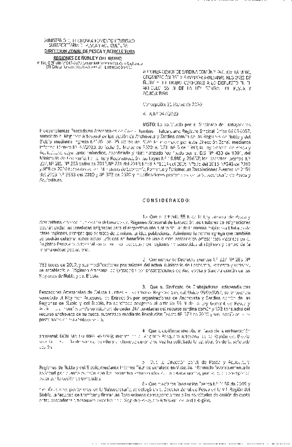 Res Ex N° 0047-2020, (DZP VIII), Autoriza cesión Sardina Común y Anchoveta Región de Ñuble-Biobío (Publicado en Página Web 31-03-2020)