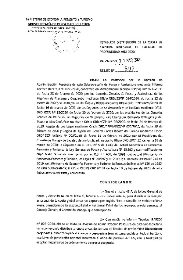 Res. Ex. N° 897-2020 Establece Distribución de la Cuota de Captura Artesanal de Bacalao de Profundidad, Año 2020-. (Publicado en Página Web 01-04-2020) (F.D.O. 06-04-2020)