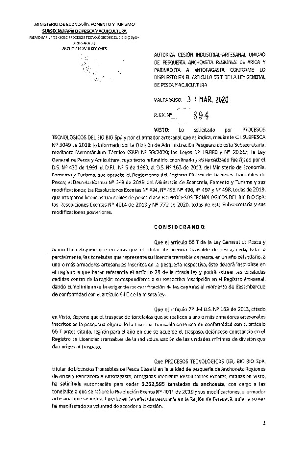 Res. Ex. N° 894-2020 Autoriza cesión pesquería Anchoveta, Regiones de Arica y Parinacota a Antofagasta. (Publicado en Página Web 01-04-2020)