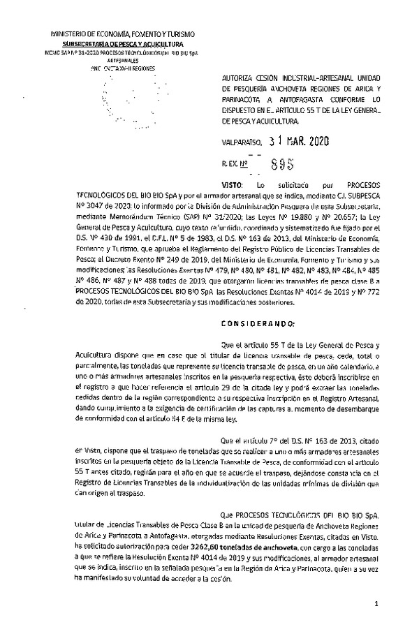 Res. Ex. N° 894-2020 Autoriza cesión pesquería Anchoveta, Regiones de Arica y Parinacota a Antofagasta. (Publicado en Página Web 01-04-2020)