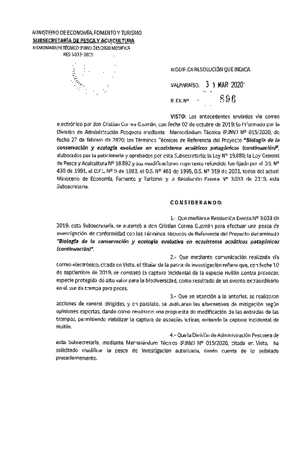 Res. Ex. N° 896-2020 Modifica Res. Ex. N° 3033-2019 Biología de la conservación y ecología evolutiva. (Publicado en Página Web 01-04-2020)