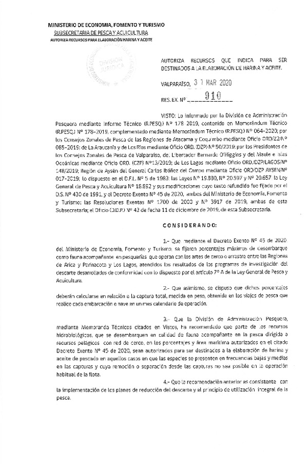 Res. Ex. N° 910-2020 Autoriza Recursos que Indica para ser Destinados a la Elaboración de Harina y Aceite. (Publicado en Página Web 01-04-2020) (F.D.O. 06-04-2020)