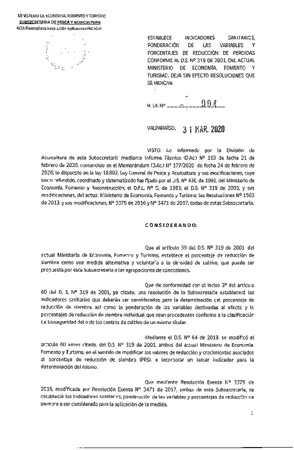 Res. Ex. N° 904-2020 Establece Indicadores Sanitarios, Ponderación de las Variables y Porcentajes de Reducción de Pérdidas Conforme al D.S. N° 319-2001. Deja sin Efecto Resoluciones que se Indican. (Publicado en Página Web 01-04-2020) (F.D.O. 06-04-2020)