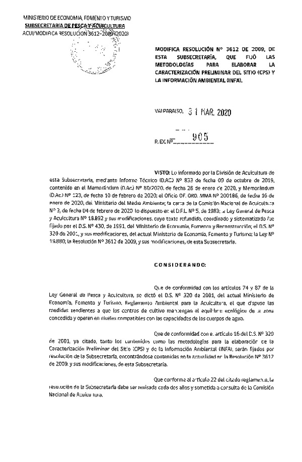 Res. Ex. N° 905-2020 Modifica Res. Ex. N° 3612 de 2009, de esta Subsecretaría que fijó las metodologías para elaborar la caracterización preliminar del sitio (CPS) y la información ambiental. (Publicado en Página Web 01-04-2020) (F.D.O. 06-04-2020)