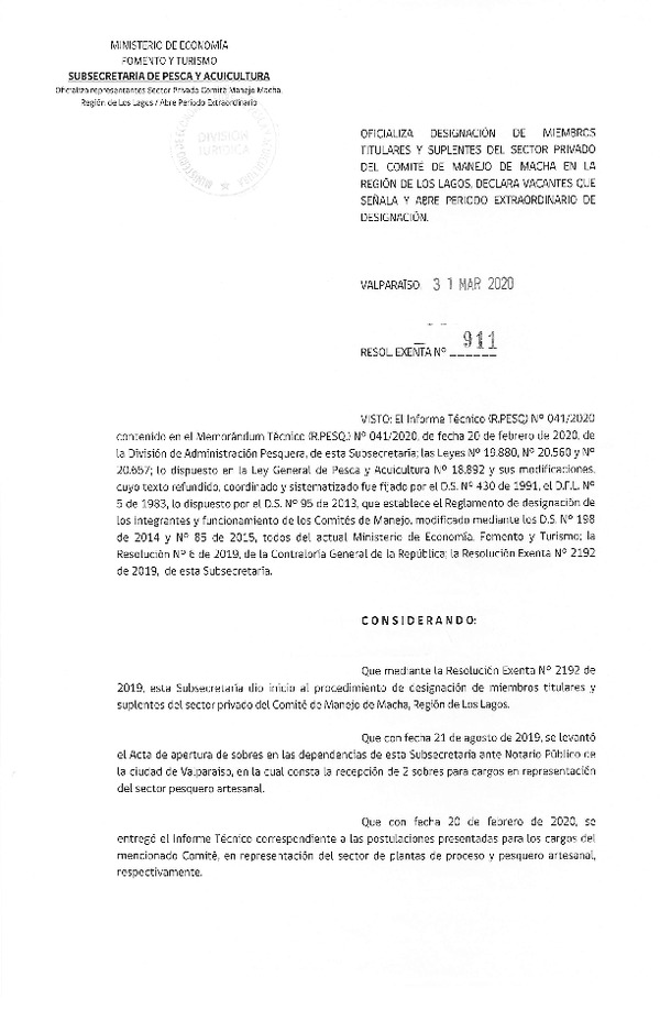 Res. Ex. N° 911-2020 Oficializa Nominación de Miembros del Sector Privado de Comité de Manejo de Machas, Región de Los Lagos. (Publicado en Página Web 02-04-2020) (F.D.O. 06-04-2020)