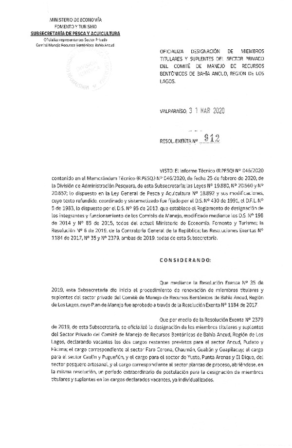 Res. Ex. N° 912-2020 Oficializa Nominación de Miembros del Sector Privado de Comité de Manejo de Recursos Bentónicos de Bahía Ancud, Región de Los Lagos. (Publicado en Página Web 02-04-2020) (F.D.O. 06-04-2020)