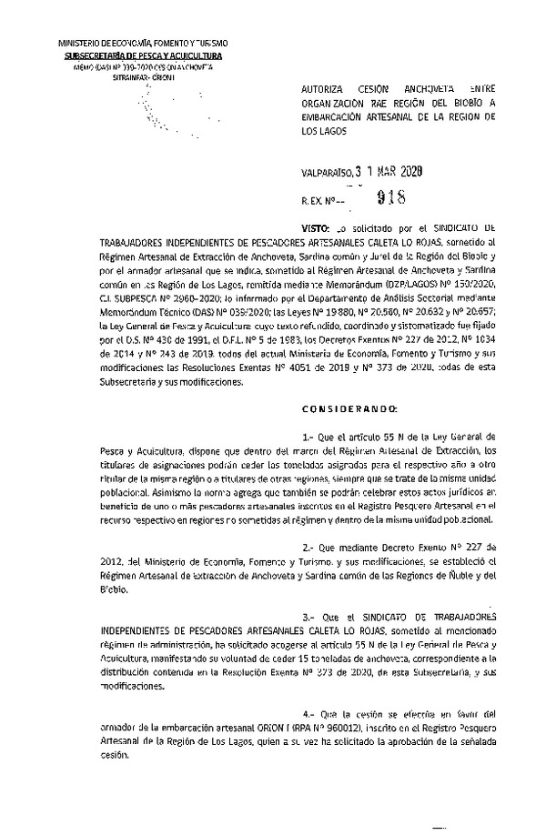 Res. Ex. N° 918-2020 Autoriza cesión Anchoveta Región del Biobío a Región de Los Lagos. (Publicado en Página Web 02-04-2020)