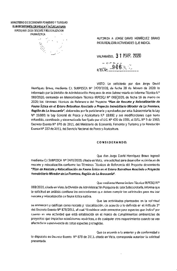 Res. Ex. N° 906-2020 Plan de rescate y relocalización fauna íctitca. (Publicado en Página Web 02-04-2020)