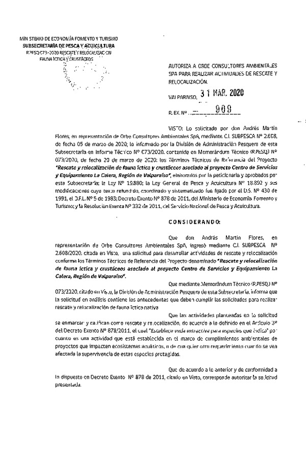 Res. Ex. N° 909-2020 Plan de rescate y relocalización fauna íctitca. (Publicado en Página Web 02-04-2020)