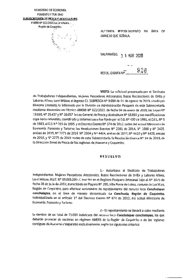 Res. Ex. N° 926-2020 Autoriza Repoblamiento. (Publicado en Página Web 02-04-2020)