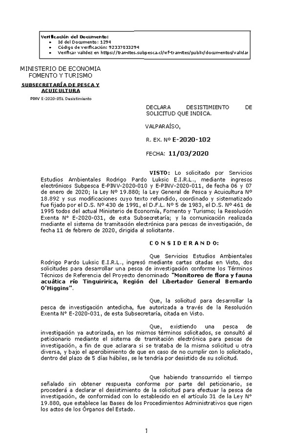 R. EX. Nº E-2020-102 Monitoreo de flora y fauna acuática río Tinguiririca, Región del Libertador General Bernardo O’Higgins. (Publicado en Página Web 02-04-2020)