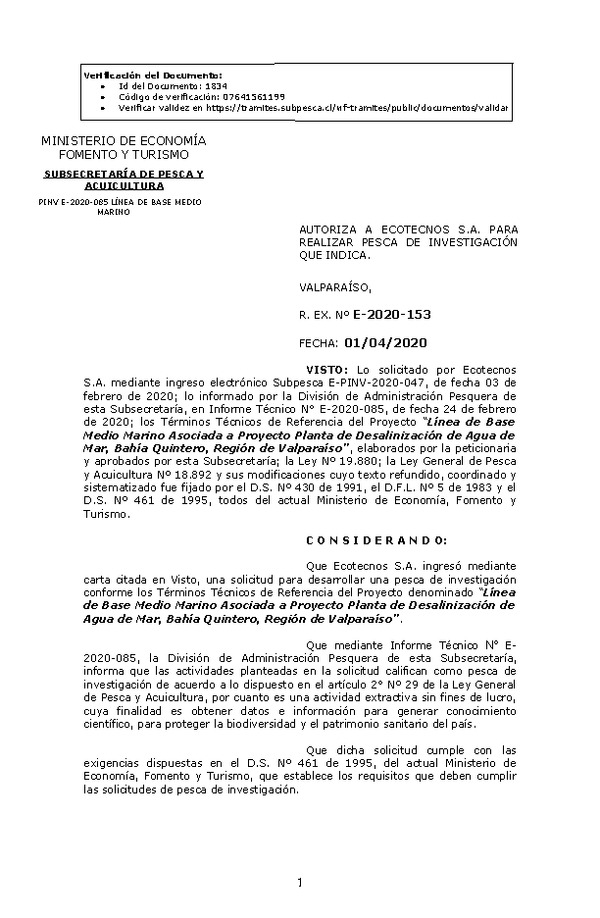 R. EX. Nº E-2020-153 Línea de Base Medio Marino Asociada a Proyecto Planta de Desalinización de Agua de Mar, Bahía Quintero, Región de Valparaíso. (Publicado en Página Web 02-04-2020)