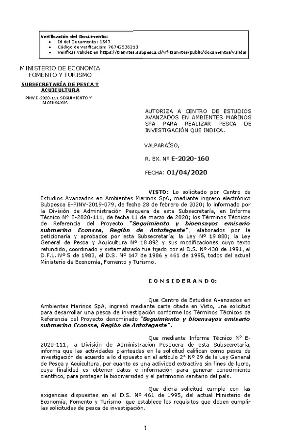 R. EX. Nº E-2020-160 Seguimiento y bioensayos emisario submarino Econssa, Región de Antofagasta.(Publicado en Página Web 02-04-2020)