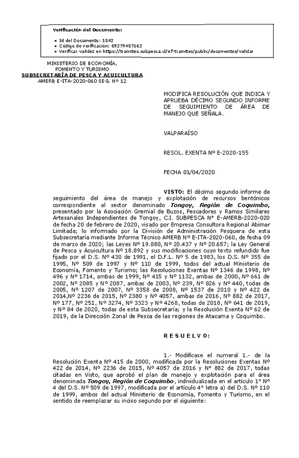 RESOL. EXENTA Nº E-2020-155 12° Seguimiento. (Publicado en Página Web 02-04-2020)