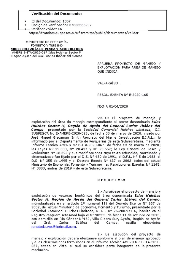 RESOL. EXENTA Nº E-2020-165 Plan de Manejo. (Publicado en Página Web 02-04-2020)