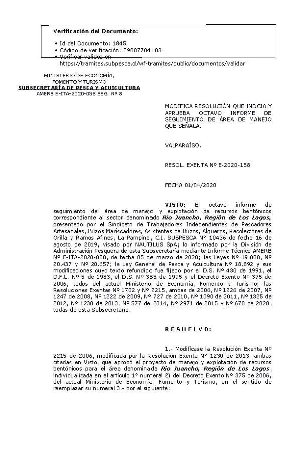 RESOL. EXENTA Nº E-2020-158 Modifica Resolución y Aprueba 8° Seguimiento. (Publicado en Página Web 02-04-2020)