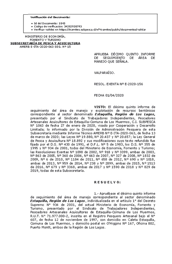 RESOL. EXENTA Nº E-2020-156 15° Seguimiento. (Publicado en Página Web 02-04-2020)