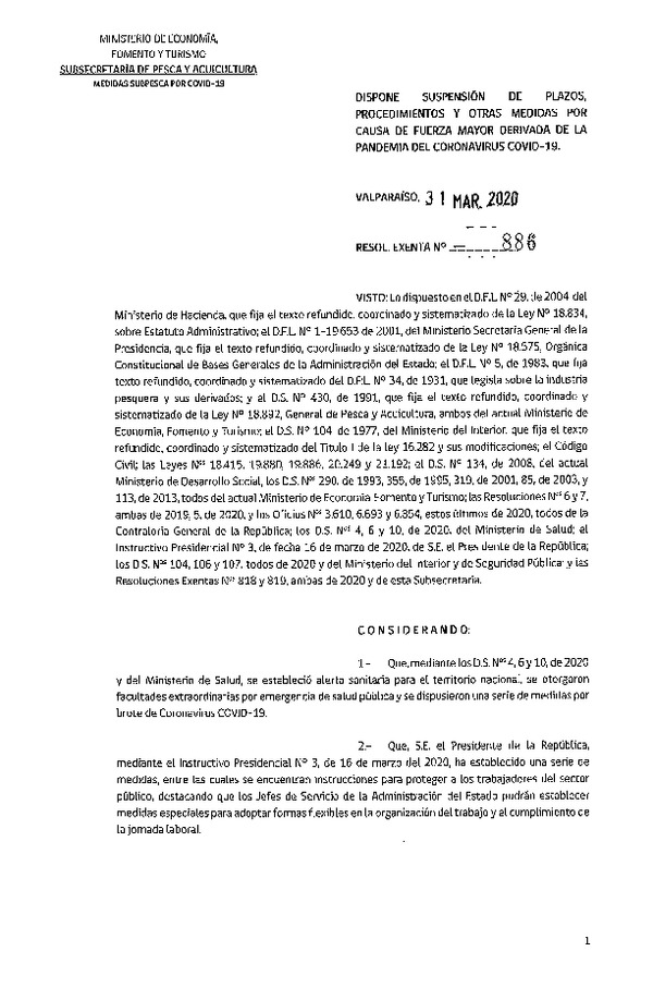 Res. Ex. N° 886-2020 Dispone Suspensión de Plazos, Procedimientos y Otras Medidas por Causa de Fuerza Mayor Derivada de la Pandemia del Coronavirus Covid-19. (Publicado en Página Web 02-04-2020)