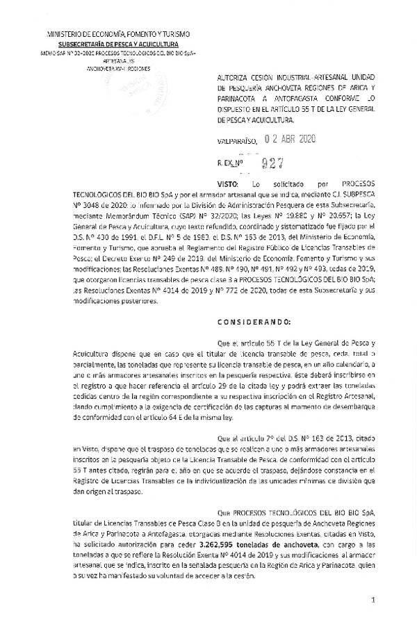 Res. Ex. N° 927-2020 Autoriza cesión pesquería Anchoveta, Regiones de Arica y Parinacota a Antofagasta. (Publicado en Página Web 02-04-2020)