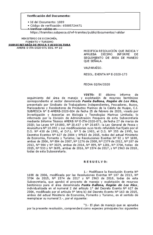 RESOL. EXENTA Nº E-2020-173 Modifica Resolución y Aprueba 10° Seguimiento. (Publicado en Página Web 06-04-2020)