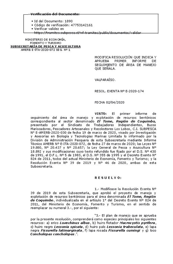 RESOL. EXENTA Nº E-2020-174 Modifica Resolución que Indica. Aprueba 1° Seguimiento. (Publicado en Página Web 06-04-2020)