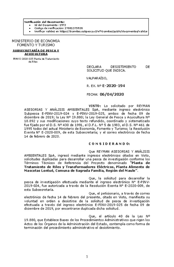 R. EX. Nº E-2020-194 Seguimiento Limnológico Asociado a Proyecto Minicentral de Pasada Itata, Región del Ñuble. (Publicado en Página Web 07-04-2020)