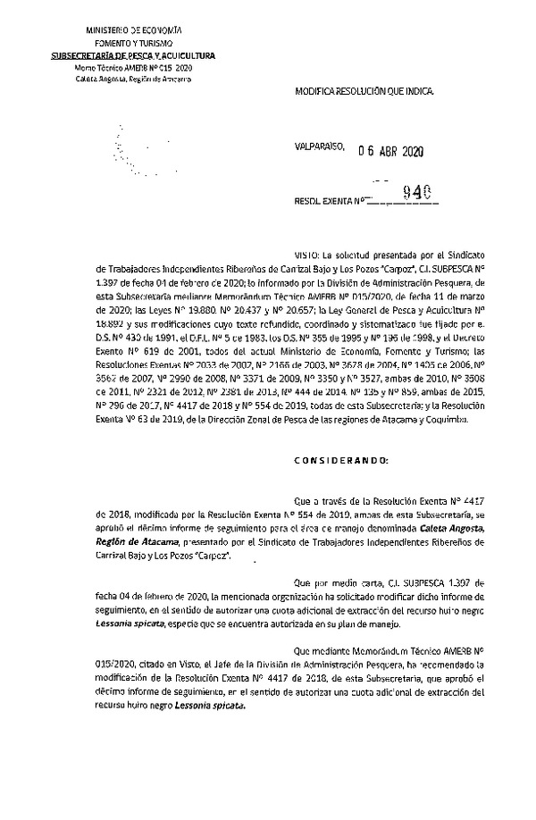 Res. Ex. N° 940-2020 Modifica Res. Ex. N° 4417-2018 10° Seguimiento. (Publicado en Página Web 07-04-2020)