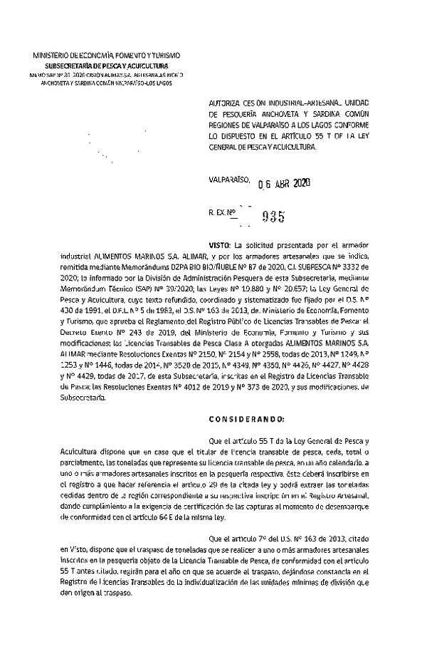 Res. Ex N° 935-2020, Autoriza Cesión anchoveta y sardina común Regiones Valparaíso-Los Lagos (Publicado en Página Web 07-03-2020).