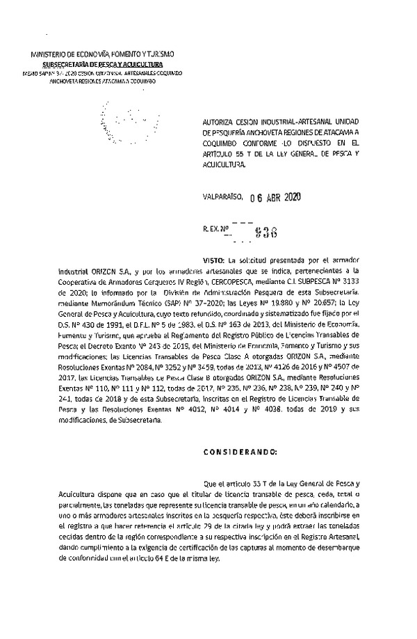 Res. Ex. N° 936-2020 Autoriza cesión pesquería Anchoveta, Regiones de Atacama a Coquimbo. (Publicado en Página Web 07-04-2020)