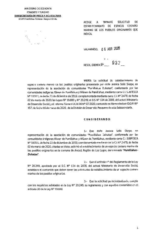 Res. Ex. N° 937-2020 Acoge a trámite solicitud de establecimiento de ECMPO Pumillahue-Duathao. (Publicado en Página Web 07-04-2020)