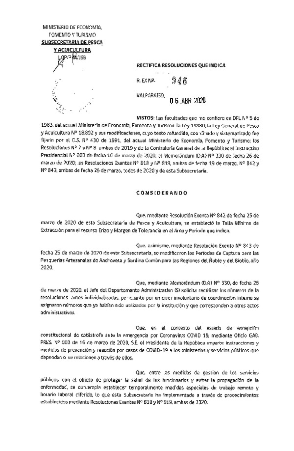 Res. Ex. N° 946-2020 Rectifica Res. Ex. N° 842-2020 Establece Talla Mínima de Extracción para el Recurso Erizo y Margen de Tolerancia en Regiones de Los Lagos y de Aysén. (Publicado en Página Web 07-04-2020)