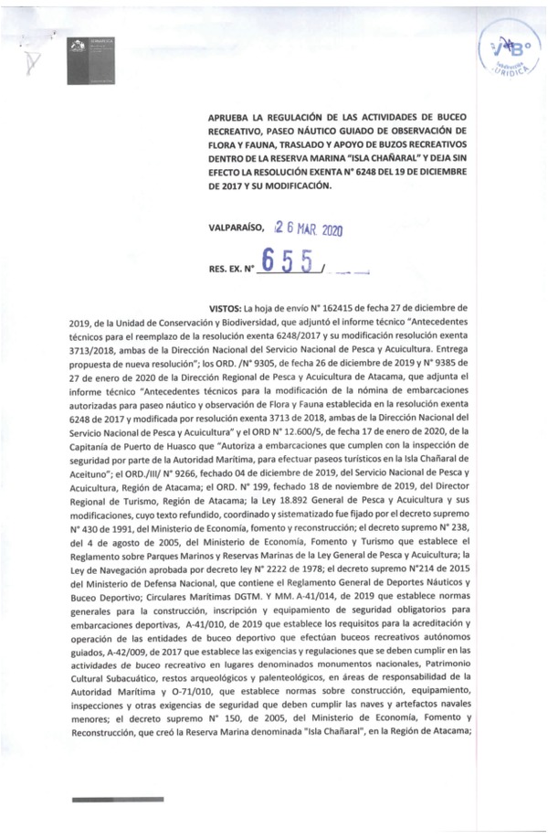 Res. Ex. N° 655-2020 (Sernapesca) Aprueba la Regulación de las Actividades de Buceo Recreativo, Paseo Náutico Guiado de Observación de Flora y Fauna, Traslado y Apoyo de Buzos Recreativos Dentro de la Reserva Marina Isla Chañaral . (Publicado en Página Web 08-04-2020)