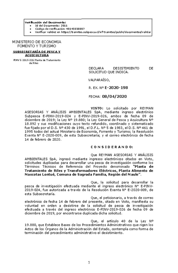 R. EX. Nº E-2020-198 Declara desistimiento de solicitud que indica. (Publicado en Página Web 08-04-2020)