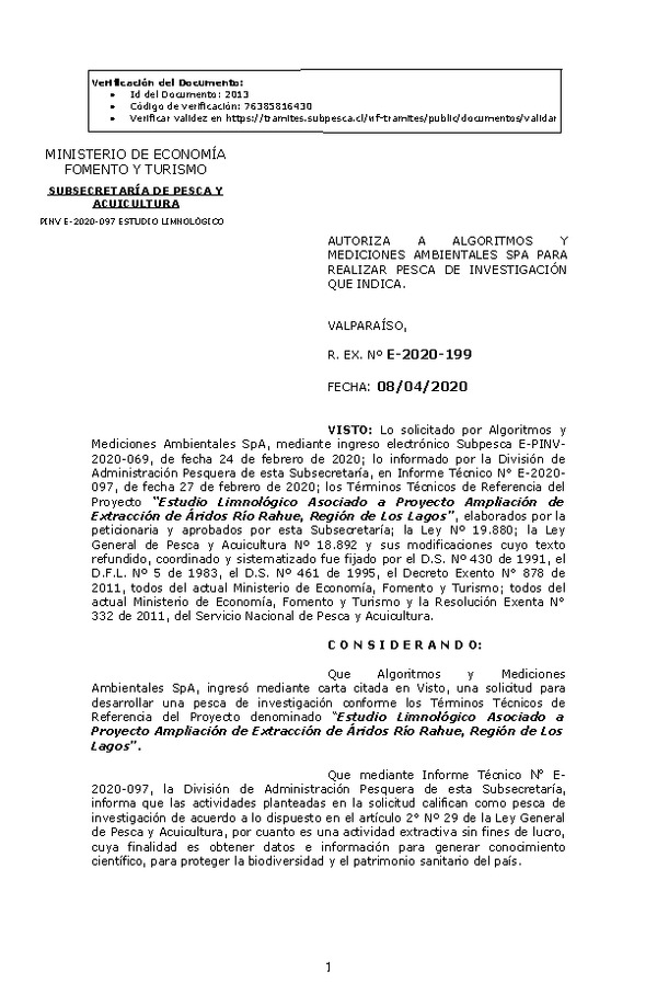 R. EX. Nº E-2020-199 Estudio Limnológico Asociado a Proyecto Ampliación de Extracción de Áridos Río Rahue, Región de Los Lagos. (Publicado en Página Web 08-04-2020)