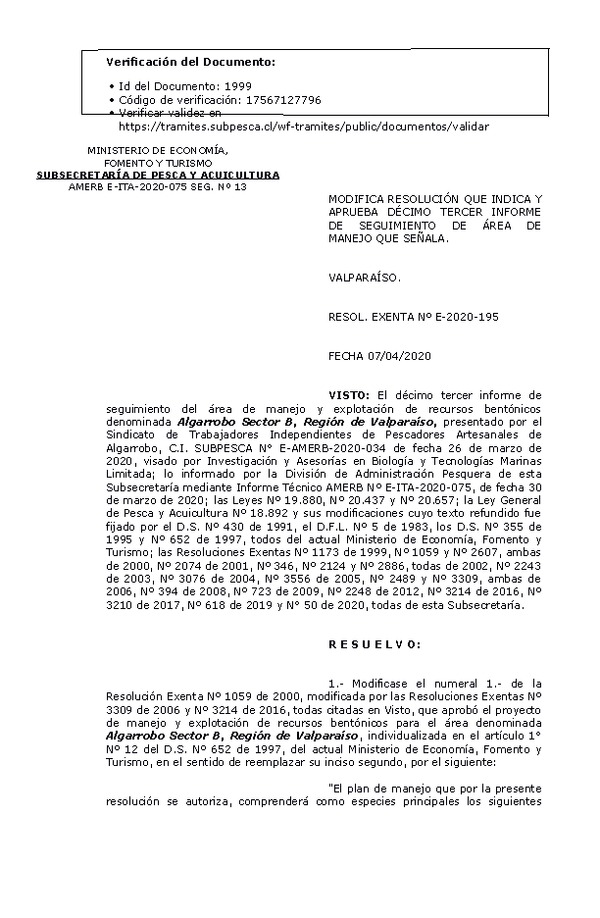 R. EX. Nº E-2020-195 Modifica Resolución que Indica. Aprueba 13° Seguimiento. (Publicado en Página Web 08-04-2020)